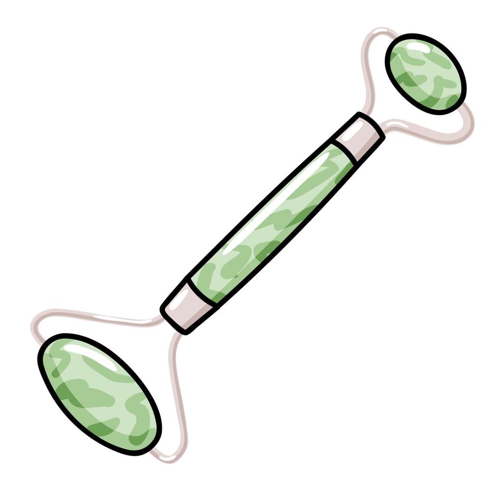 Jade massage green nephrite quartz roller icon illustration, facial gua sha stone massager, Acupuncture tool for face lifting and anti-aging, realistic doodle vector clipart isolated on white