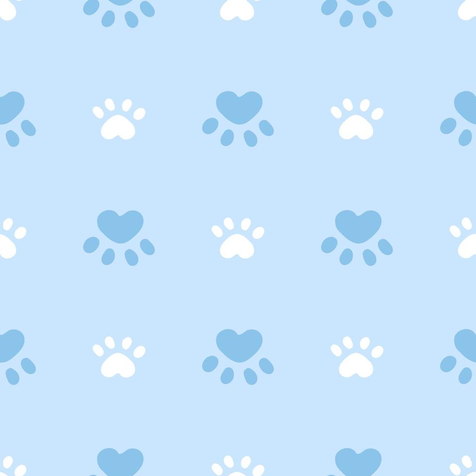 Blue and white cat or dog seamless pattern. Meow and cat paws background vector illustration. Cute cartoon pastel character for nursery boy baby