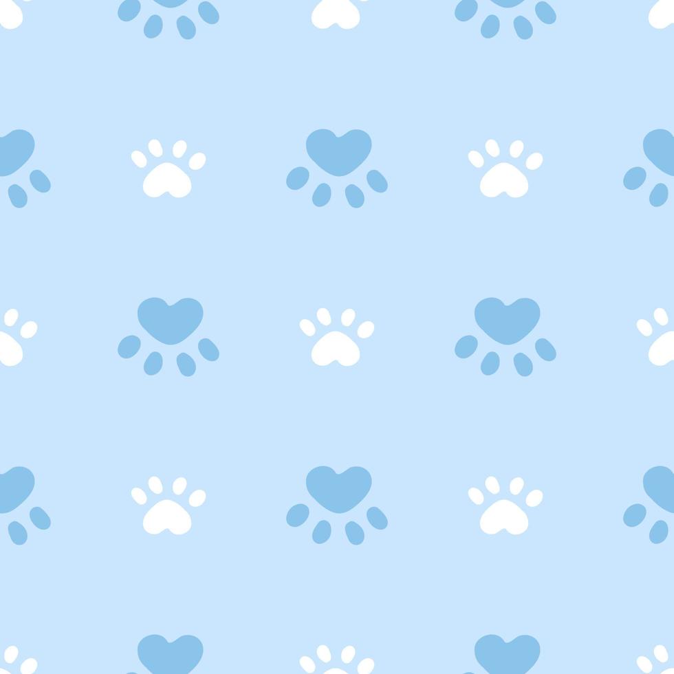 Blue and white cat or dog seamless pattern. Meow and cat paws background vector illustration. Cute cartoon pastel character for nursery boy baby