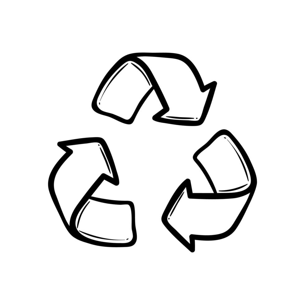 Doodle símbolo de flecha de reciclaje, utilizando recursos reciclados. icono de vector de eco verde estilo dibujado a mano. concepto de ecología de residuos cero
