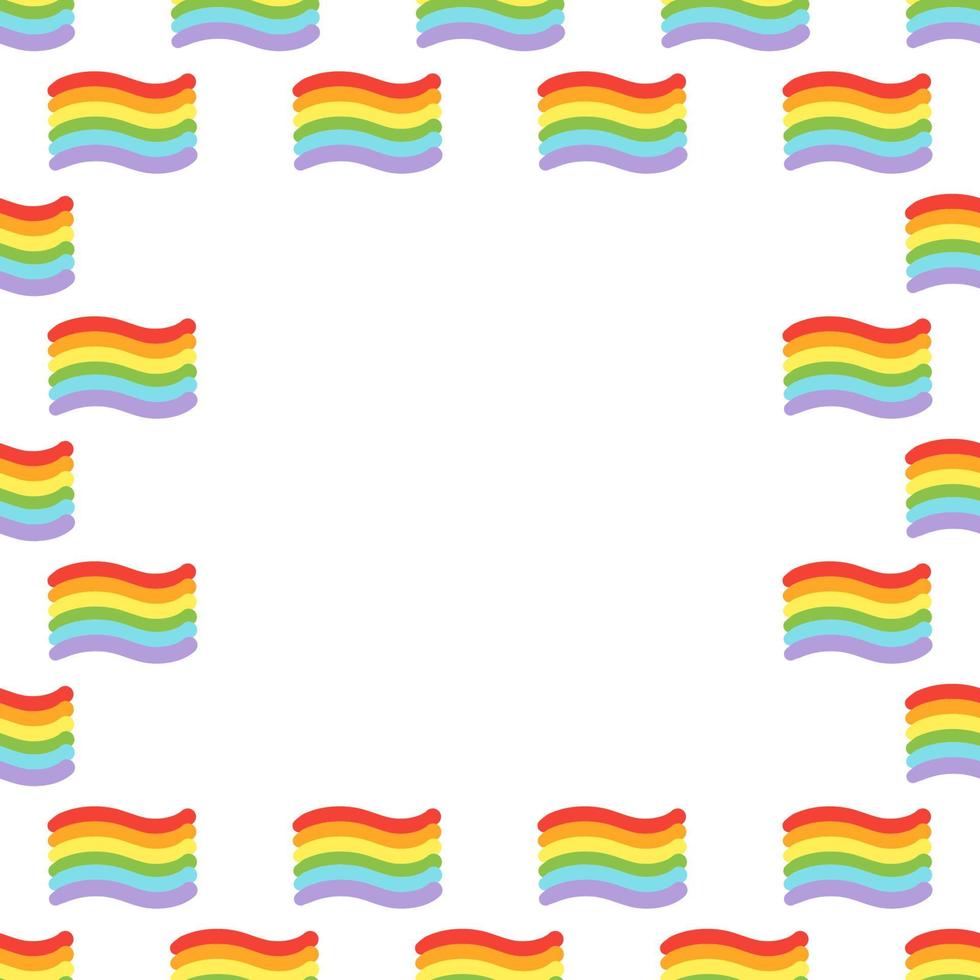 Ilustración de vector de frontera de patrones sin fisuras cuadrados. marco con corazones simples y banderas en estilo garabato - orgullo, amor, espacio de copia del eslogan del desfile gay. derechos lgbt