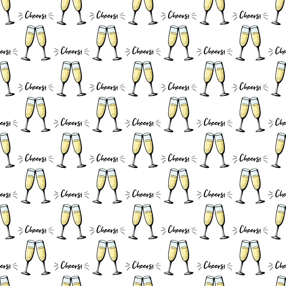 Glasses of champagne seamless doodle pattern. Cheers vector illustration on white background. Valentines day greeting card, anniversary celebration poster