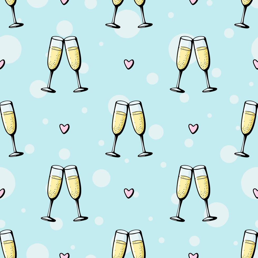 Glasses of champagne seamless doodle pattern. Cheers vector illustration on blue background. Valentines day greeting card, anniversary celebration
