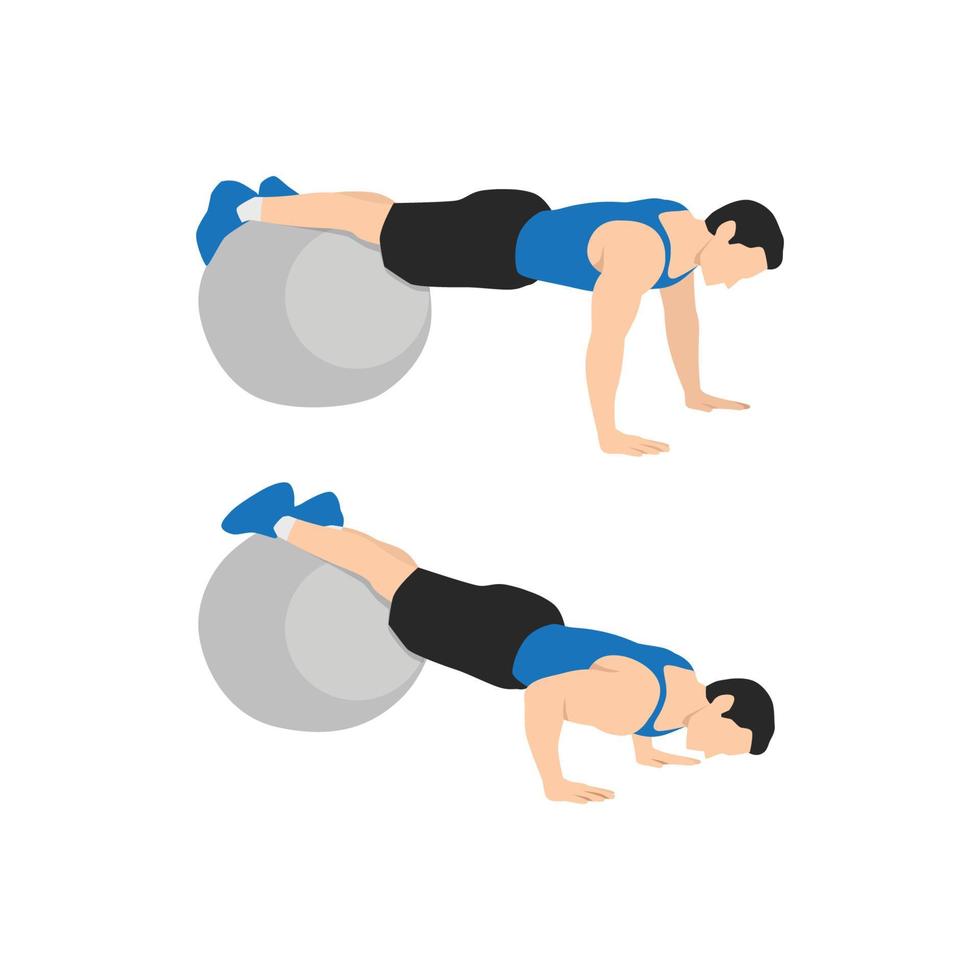 Man doing stability Swiss ball push up exercise. Flat vector