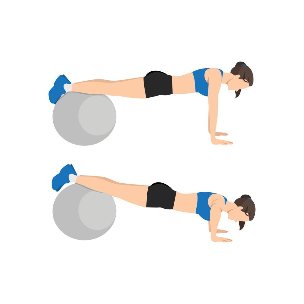 Woman doing stability Swiss ball push up exercise. Flat vector illustration isolated on white background