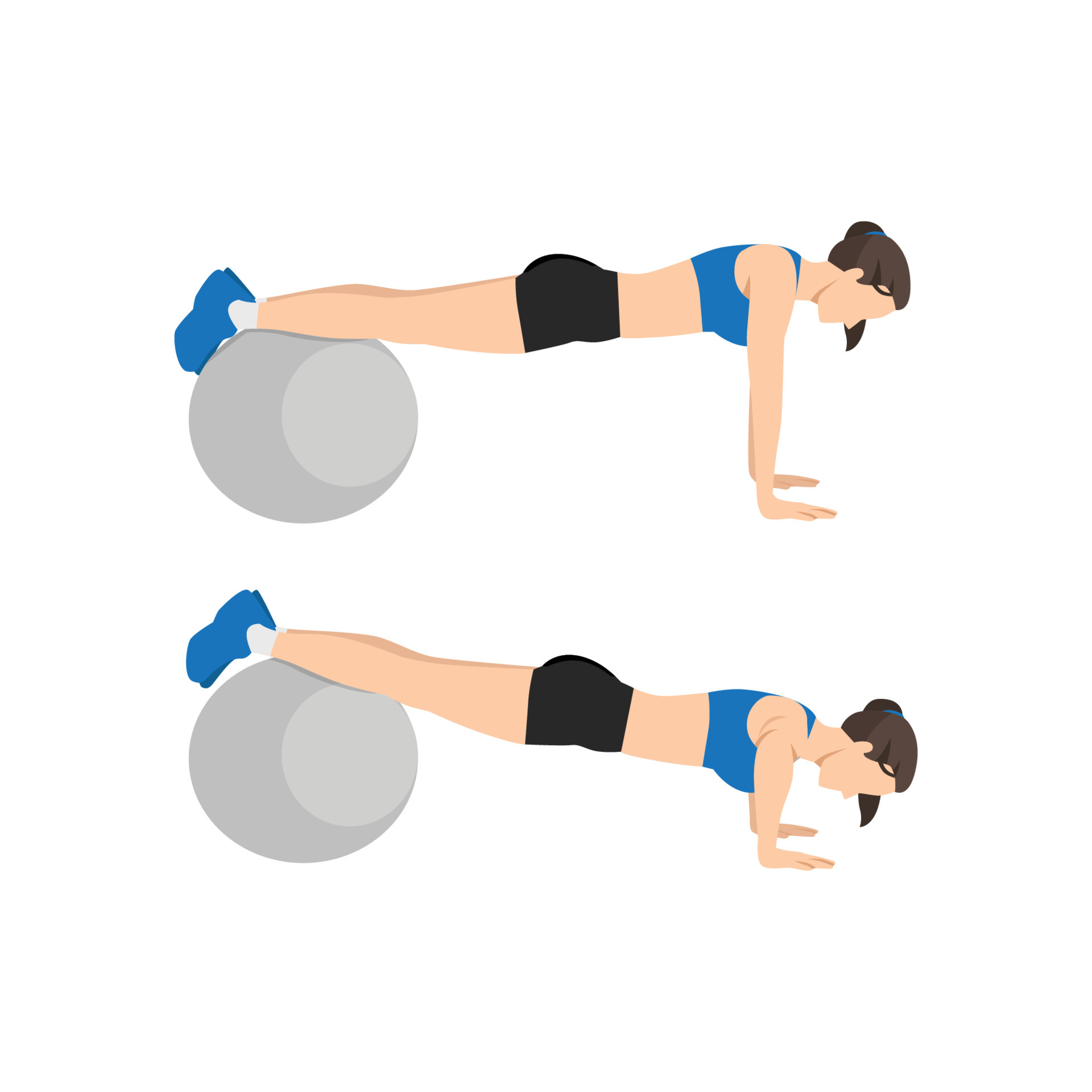 Woman doing stability Swiss ball push up exercise. Flat vector