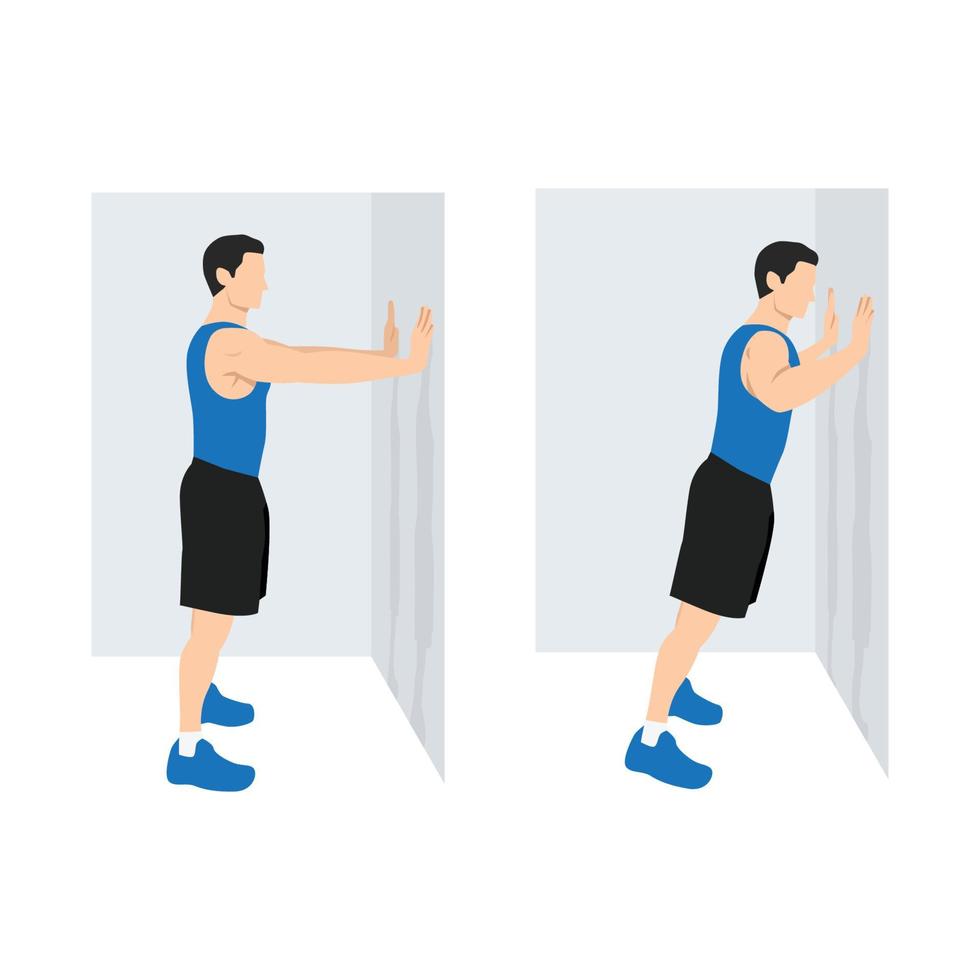 hombre haciendo ejercicio de empuje hacia arriba de la pared de un solo brazo. ilustración vectorial plana aislada sobre fondo blanco. conjunto de caracteres de entrenamiento vector