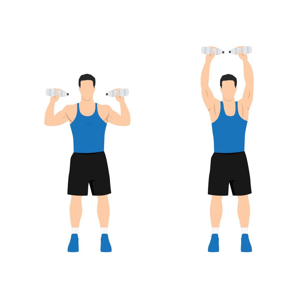 Man doing Overhead dumbbell shoulder press exercise. Flat vector illustration isolated on white background