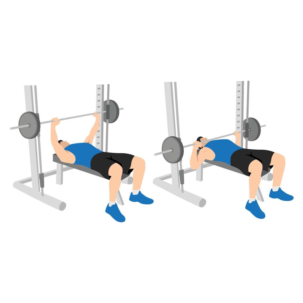 Man doing Incline Close grip barbell bench press exercise. Flat vector illustration isolated on white background. Workout character