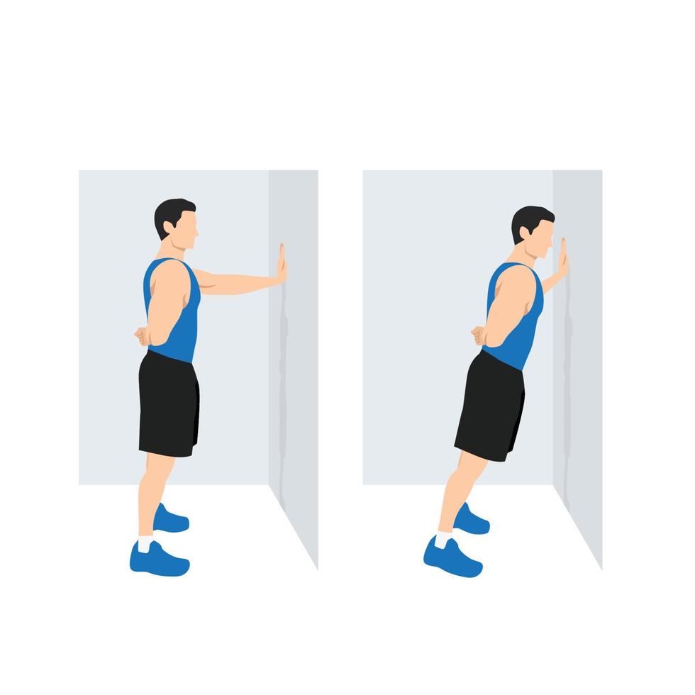 Man doing Wall push up. Standing press up exercise vector