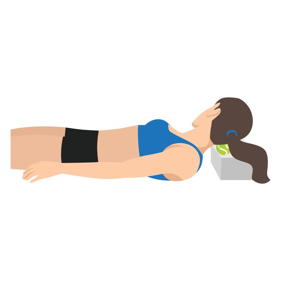 Woman doing Neck massage with ball exercise. Flat vector illustration isolated on white background