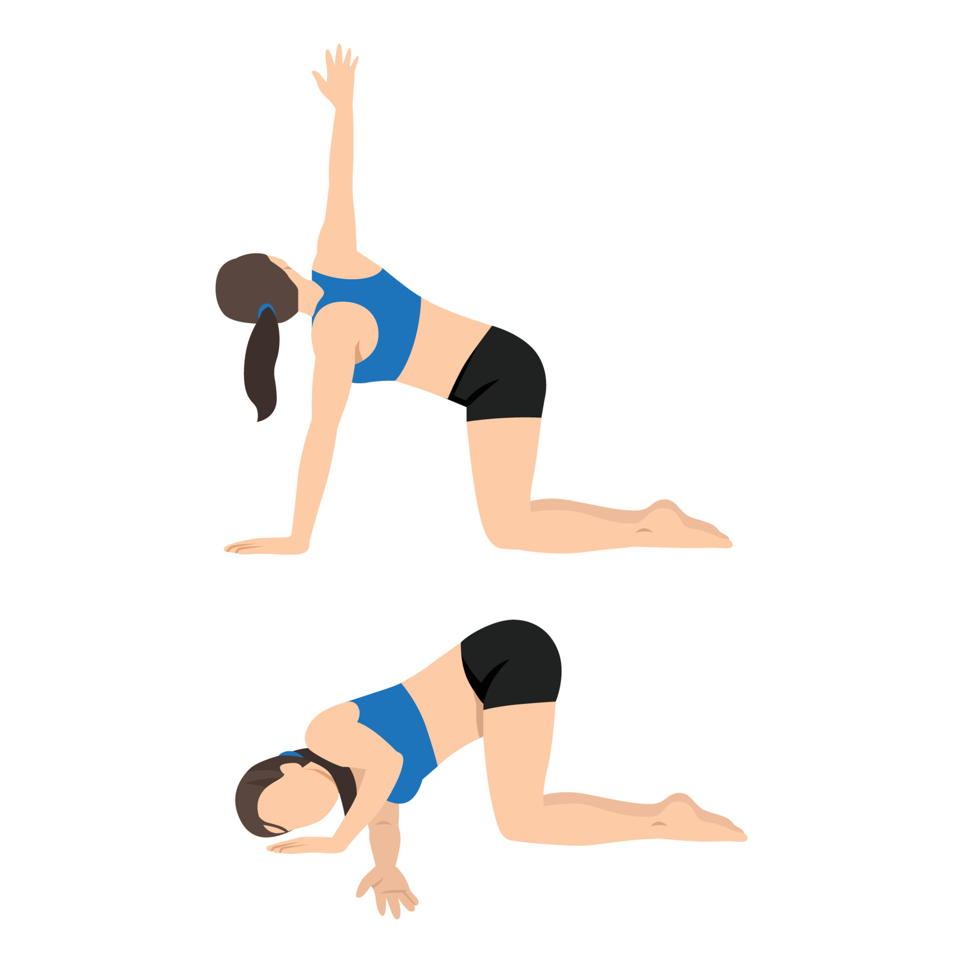 Woman doing Thread the Needle or Parsva Balasana stretch exercise. Flat