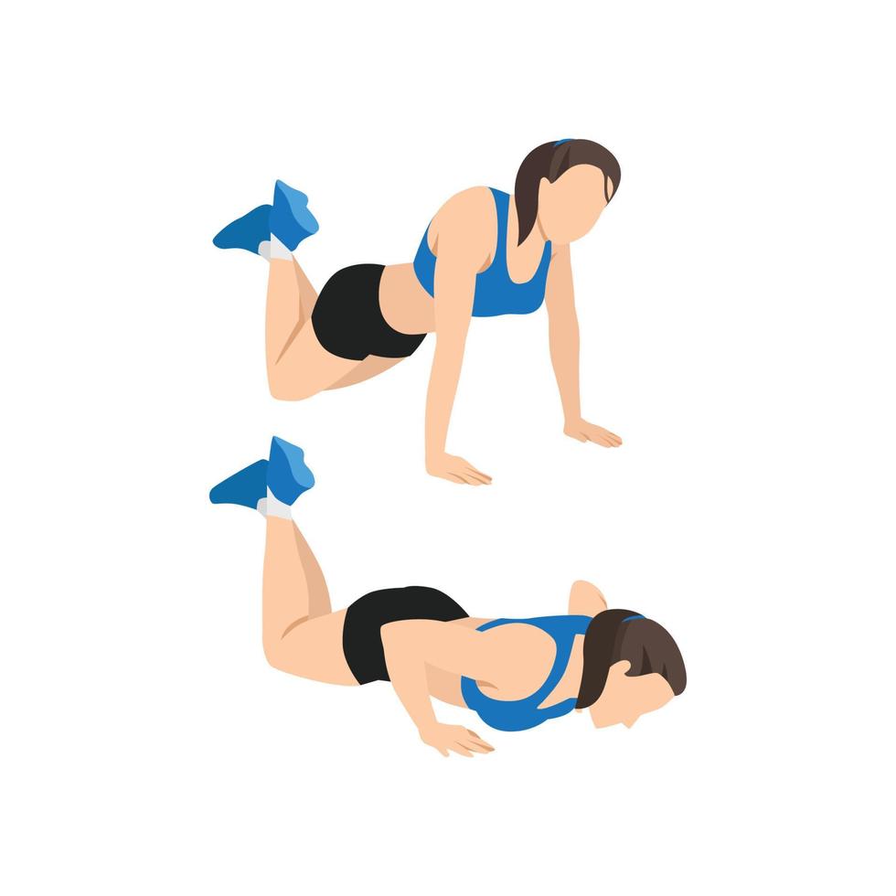 Woman doing Modified knee push ups exercise. Flat vector illustration isolated on white background. Workout character