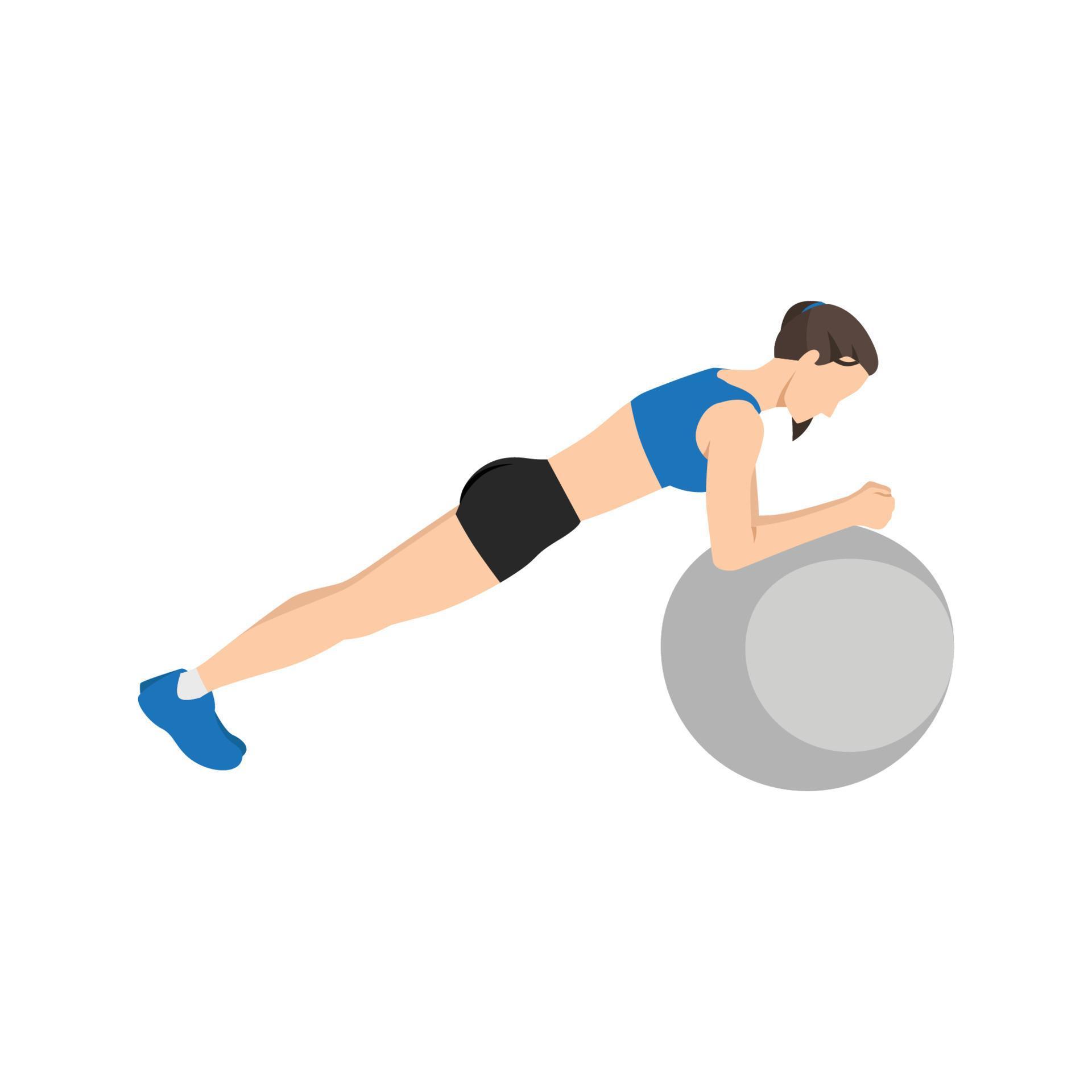 Woman doing Swiss ball plank. abdominals exercise flat vector