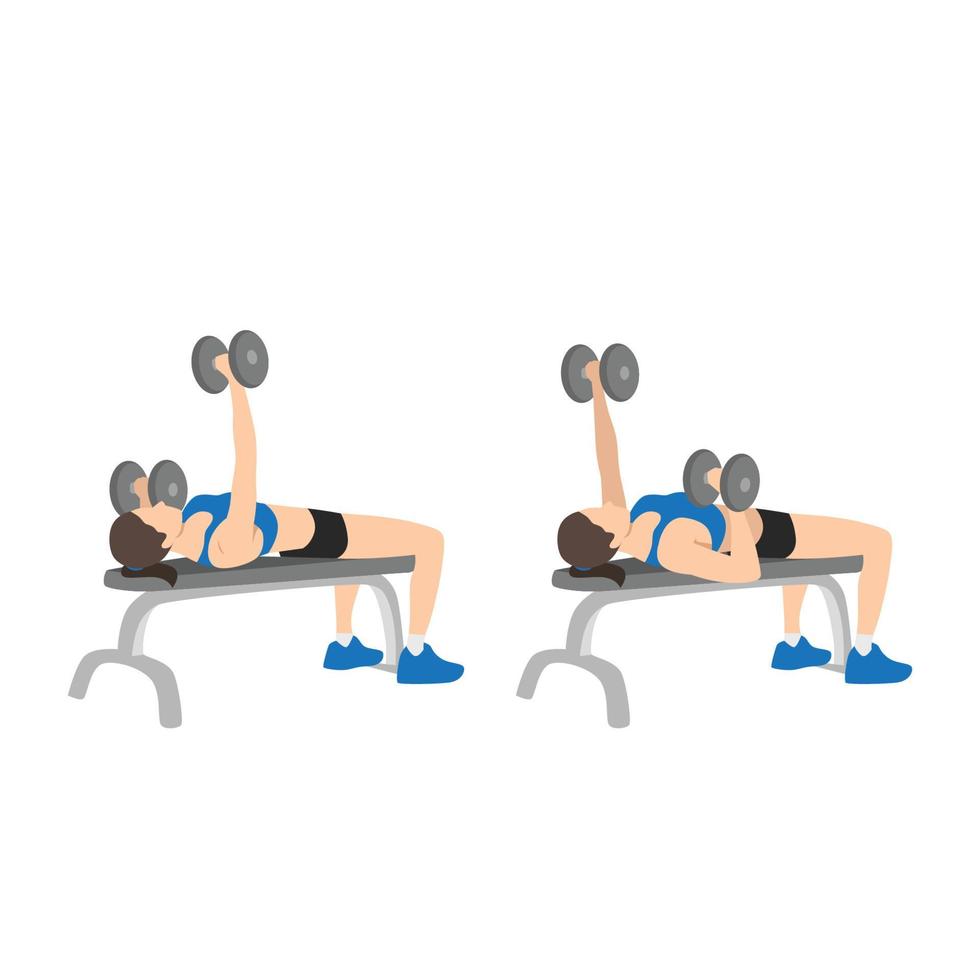 Woman doing Single arm alternating dumbbell flat bench press. Chest exercise flat vector illustration