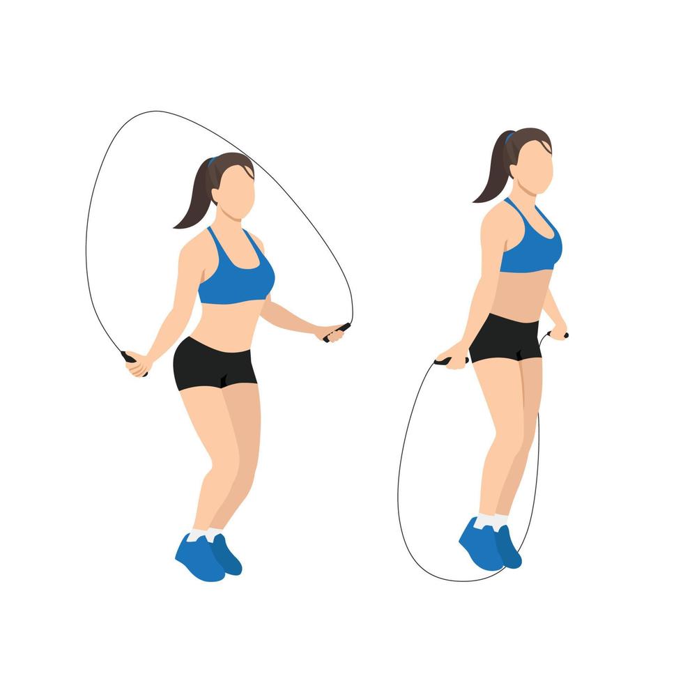 Woman doing Jump rope.Skipping cardio exercise. Flat vector illustration isolated on white background