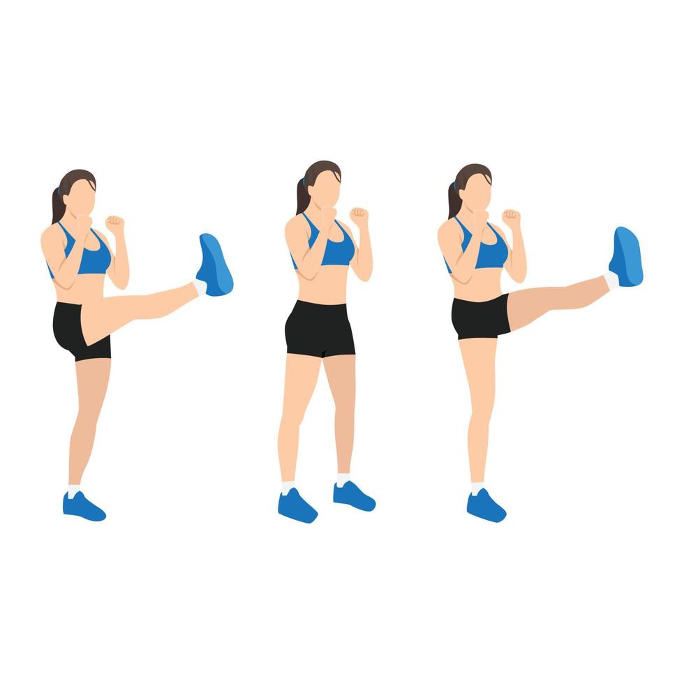 Woman doing High kicks exercise. vector