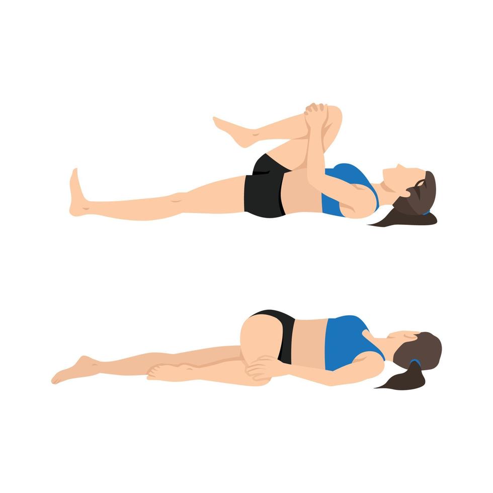 Woman doing Knee to Chest to Spinal Twist stretch exercise. Flat vector illustration isolated on white background