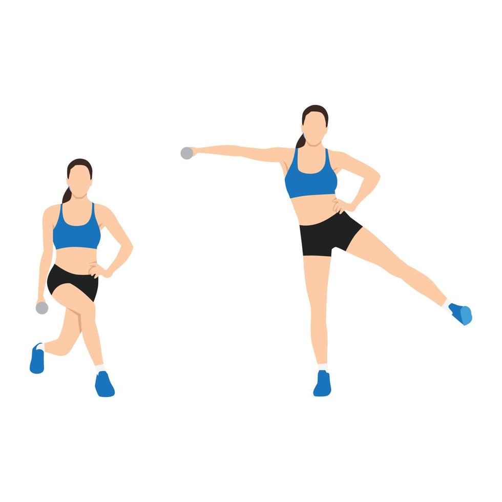 Woman doing Curtsy lunge side kick lateral raise exercise vector