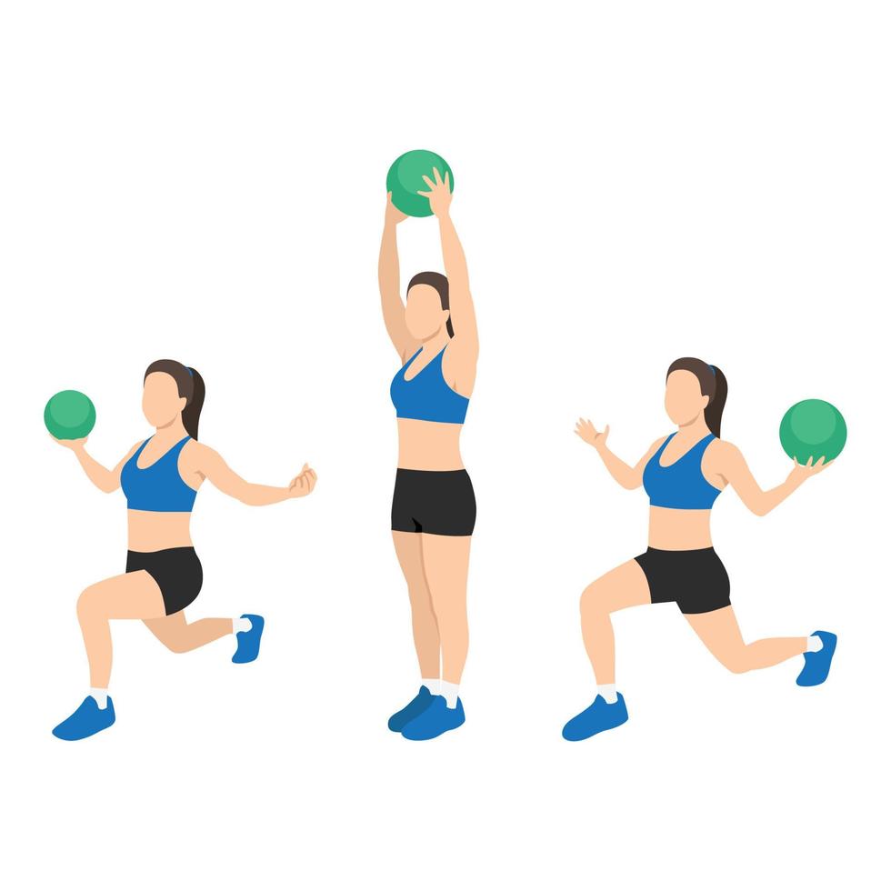 Woman doing Reverse lunge medicine ball overhead press exercise. vector