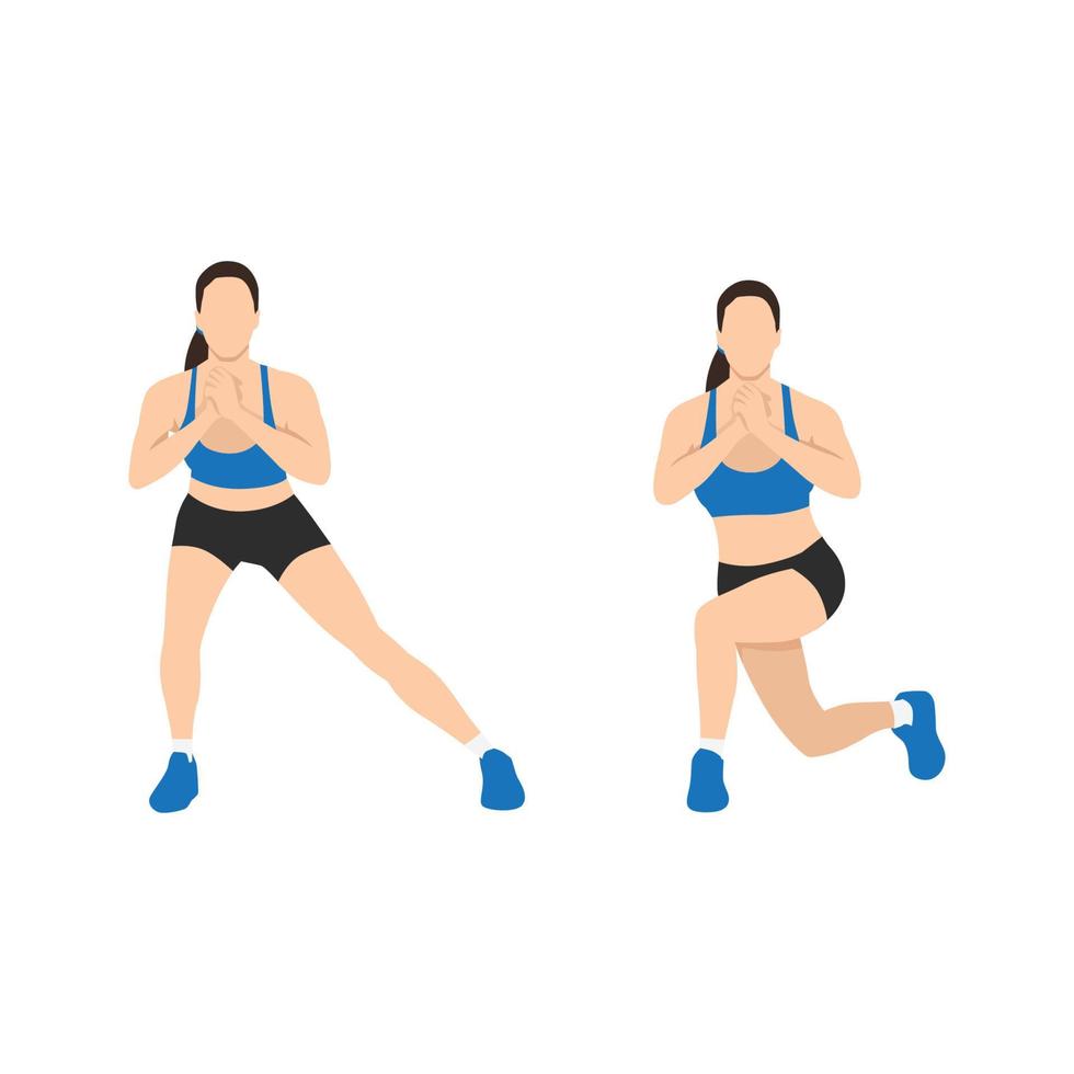 Woman doing Side lunge to curtsy lunge exercise. Flat vector illustration isolated on white background