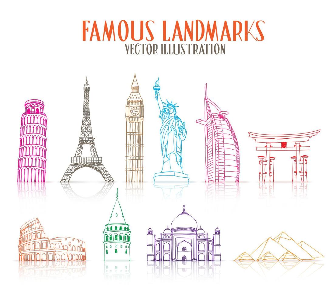 Set of Colorful Hand Drawn Famous and Popular Landmarks for Traveling Isolated in White Background. vector