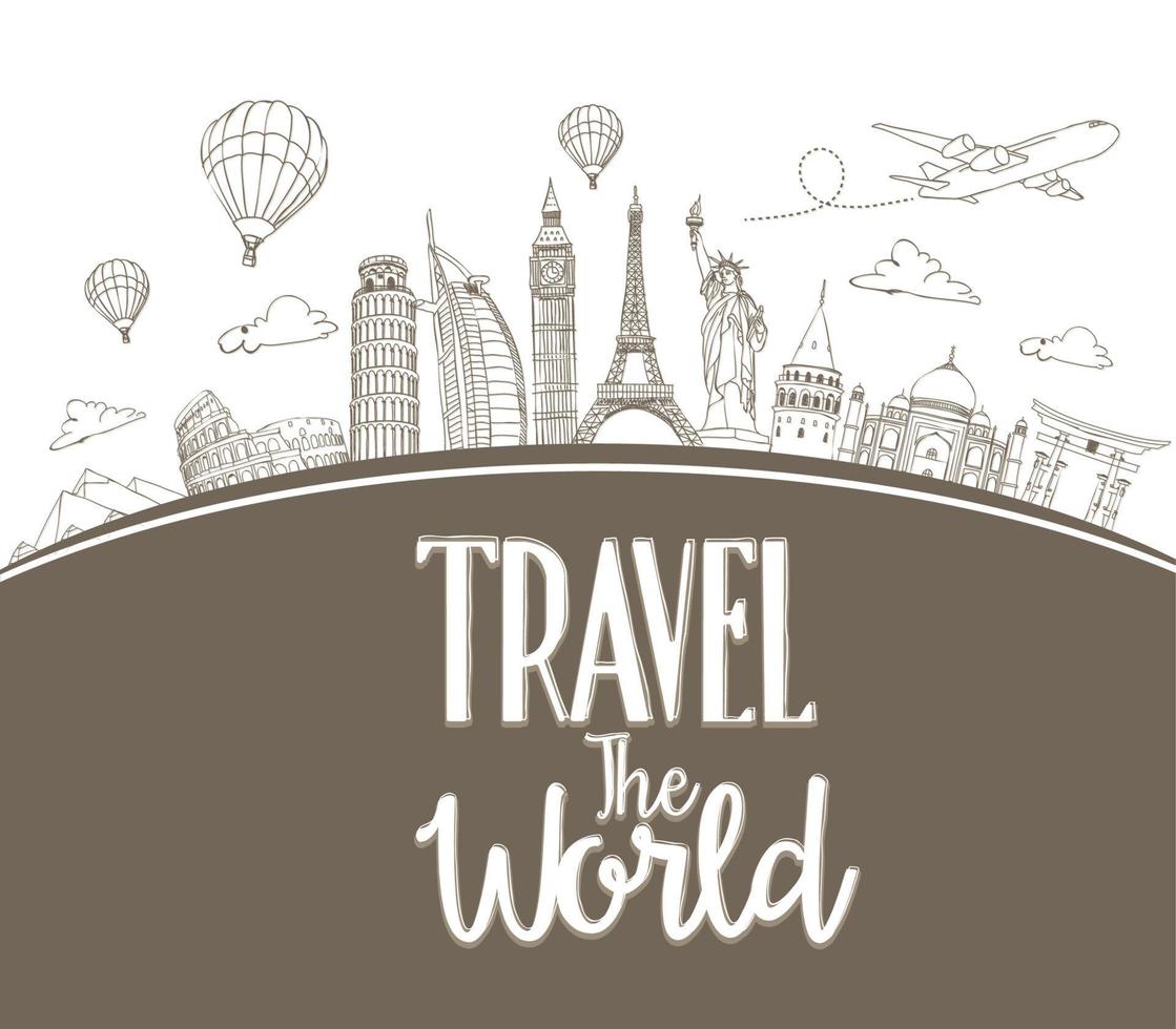 Travel The World Design Background of Line Drawing of Famous Landmarks Around The World. vector