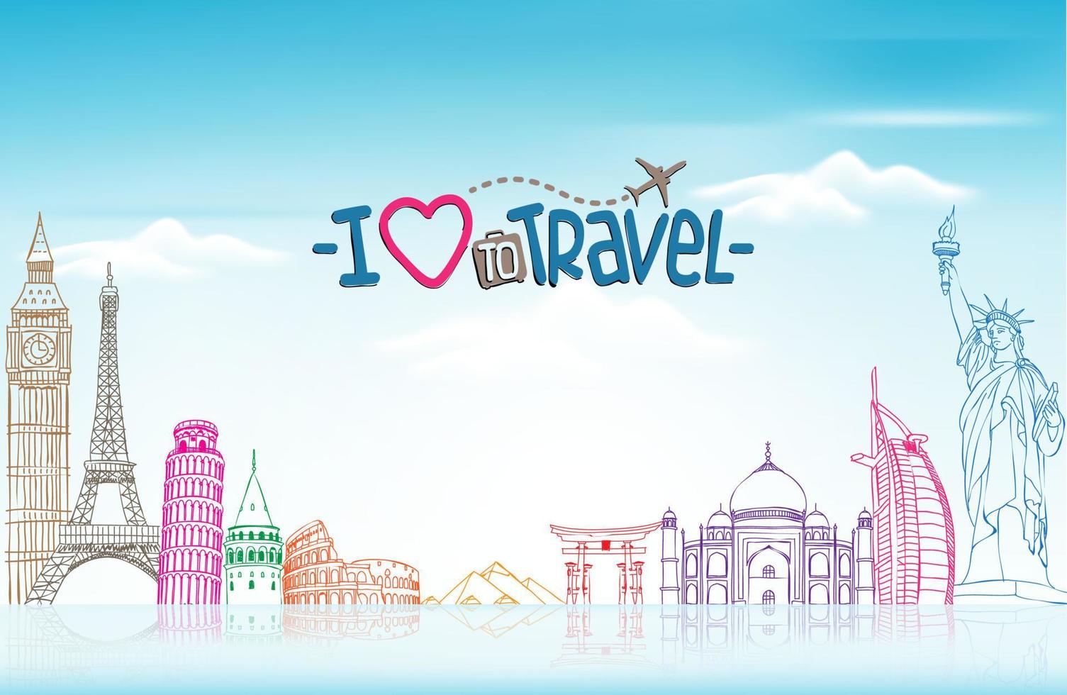 Travel and Tourism Background with Famous World Landmarks in 3d Realistic and Sketch Drawing Elements. vector