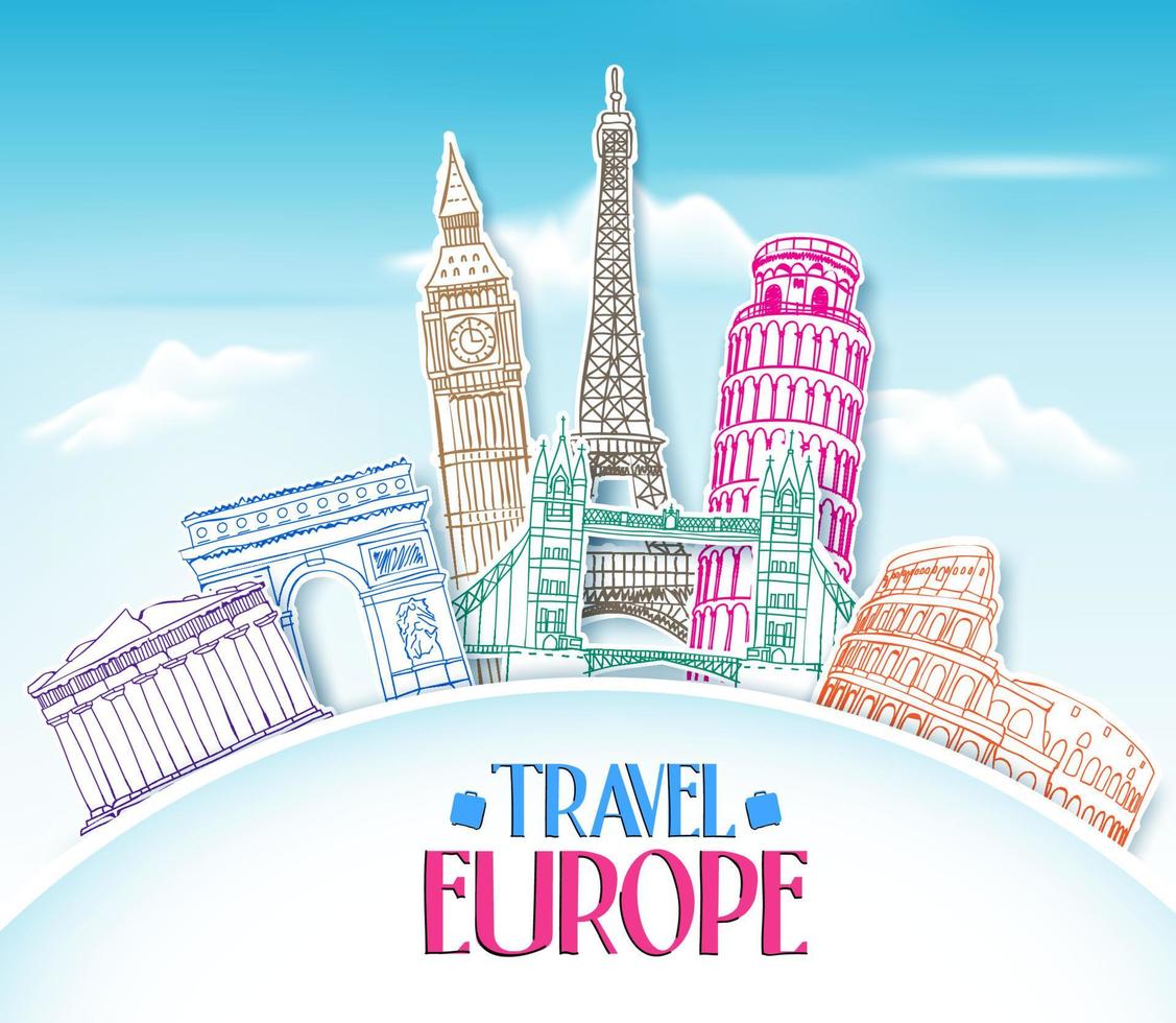 Colorful Travel Europe Hand Drawing in paper Cut with Famous Landmarks and Places in Blue Background. vector