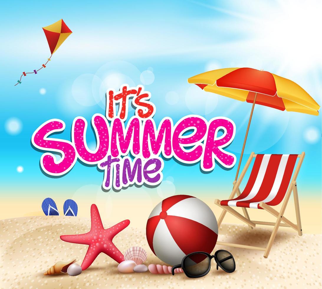 Vector Summer Time Title Text in Sea Shore with Realistic Sea Shells and Objects.