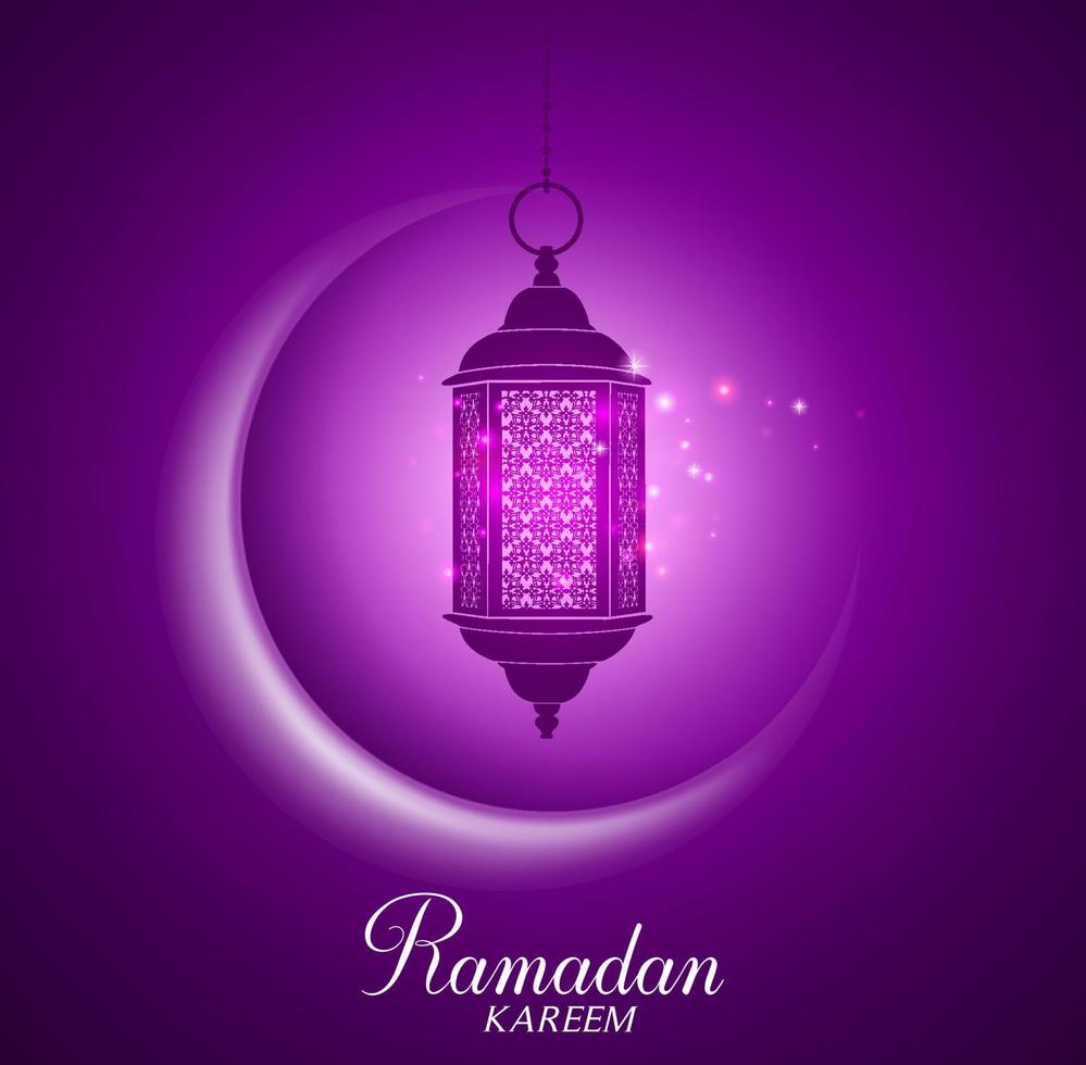 Vector Crescent Moon and Lantern Lightning in Dark Background with Ramadan Kareem Greetings.