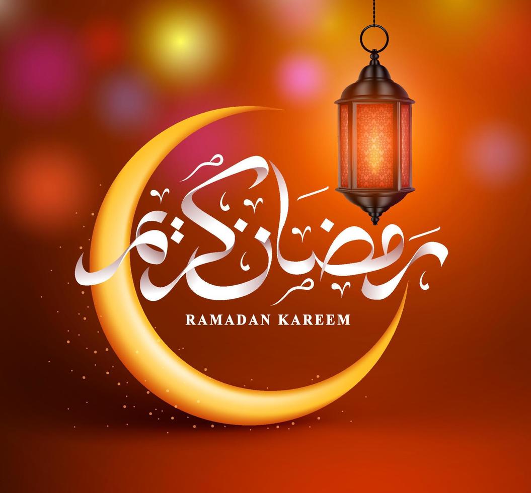 Ramadan kareem vector greeting design with crescent moon, ramadan arabic calligraphy and lantern