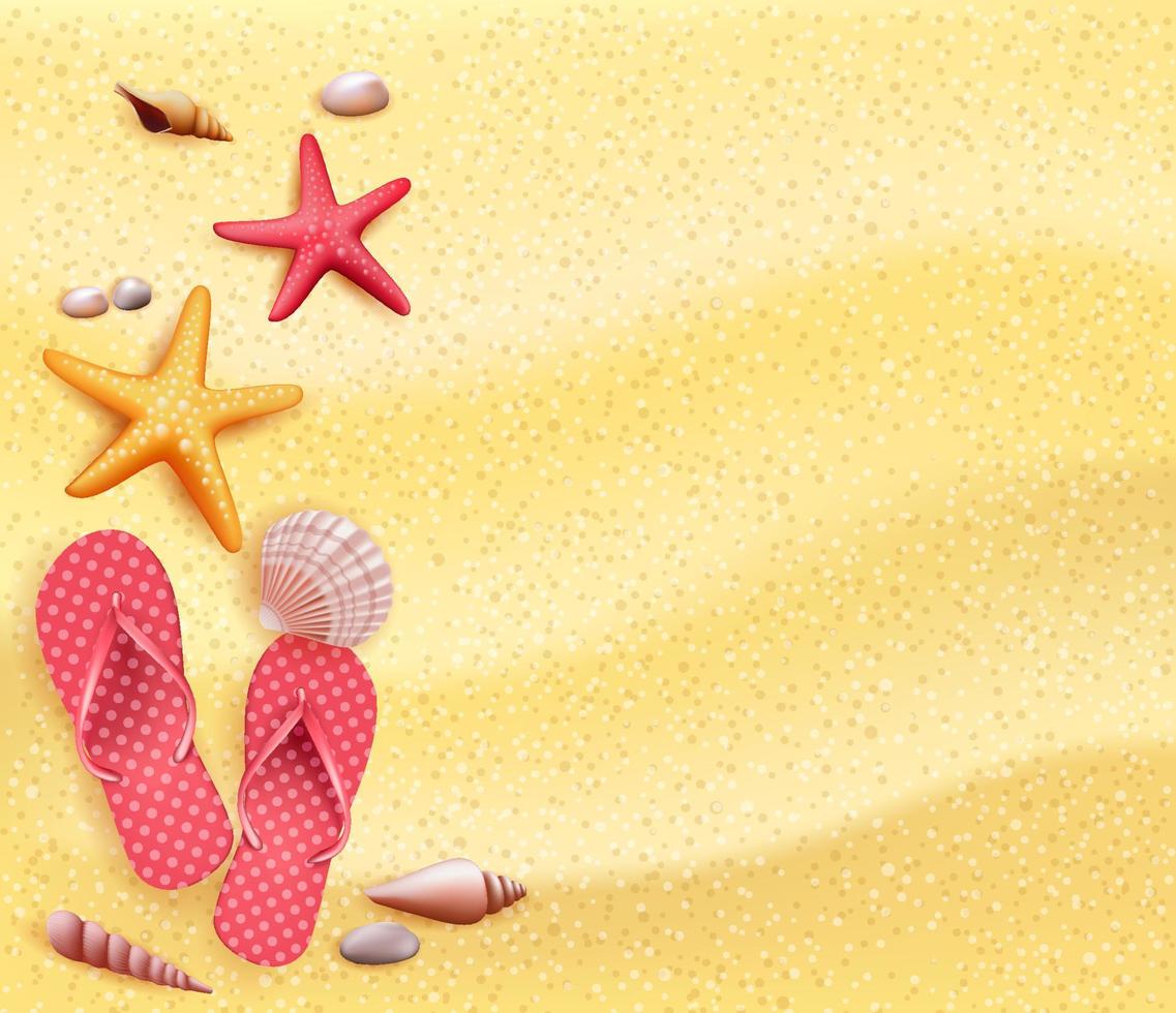 Summer Holidays Vector Design Background in the Yellow Beach Sand with Slippers, Starfish and Corals.