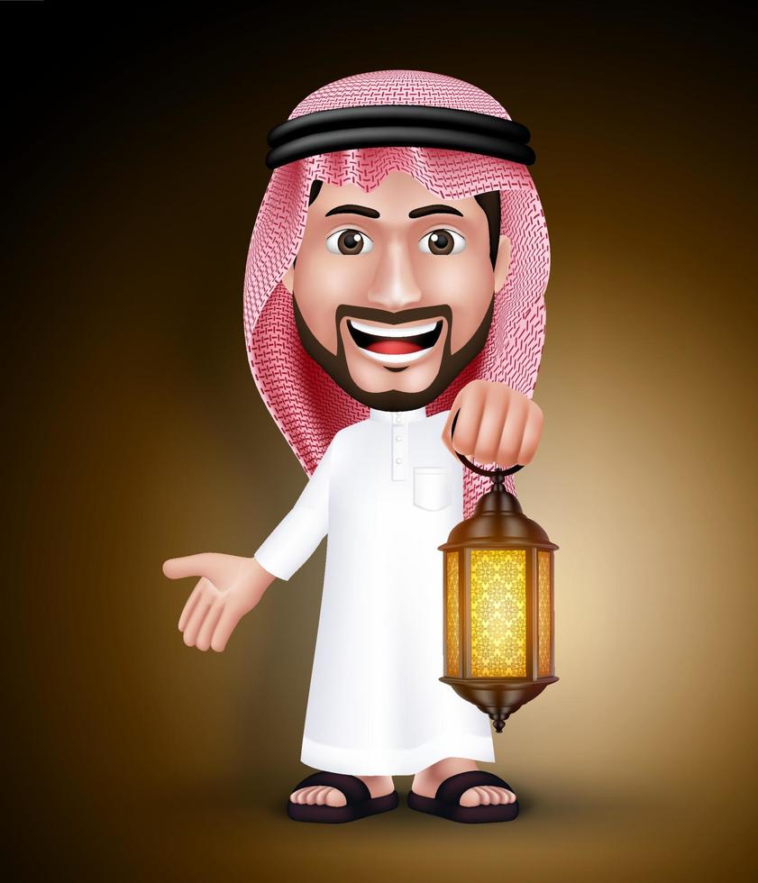 hombre árabe saudita vestido con thobe sosteniendo una linterna en la noche para el mes sagrado musulmán del ramadán. vector