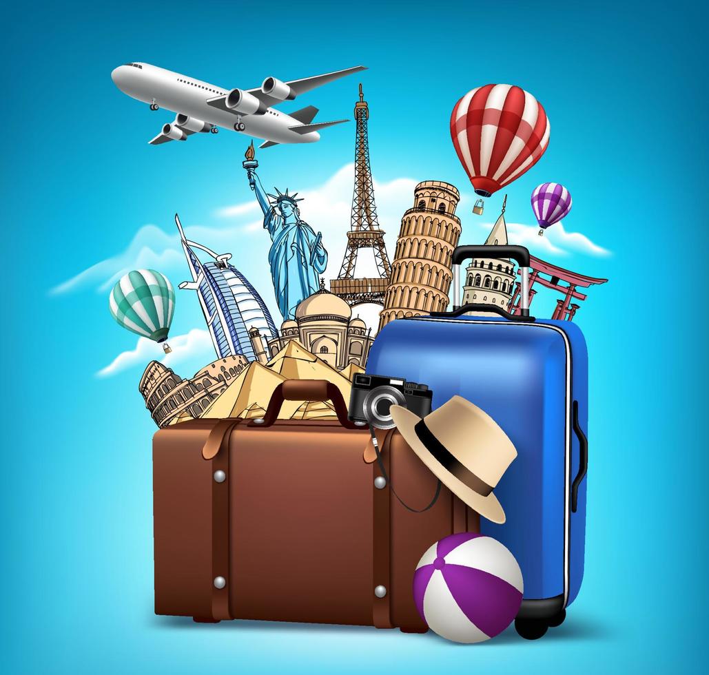 3D Realistic Summer Travel and Vacation Poster Design with Editable Beach Elements. vector