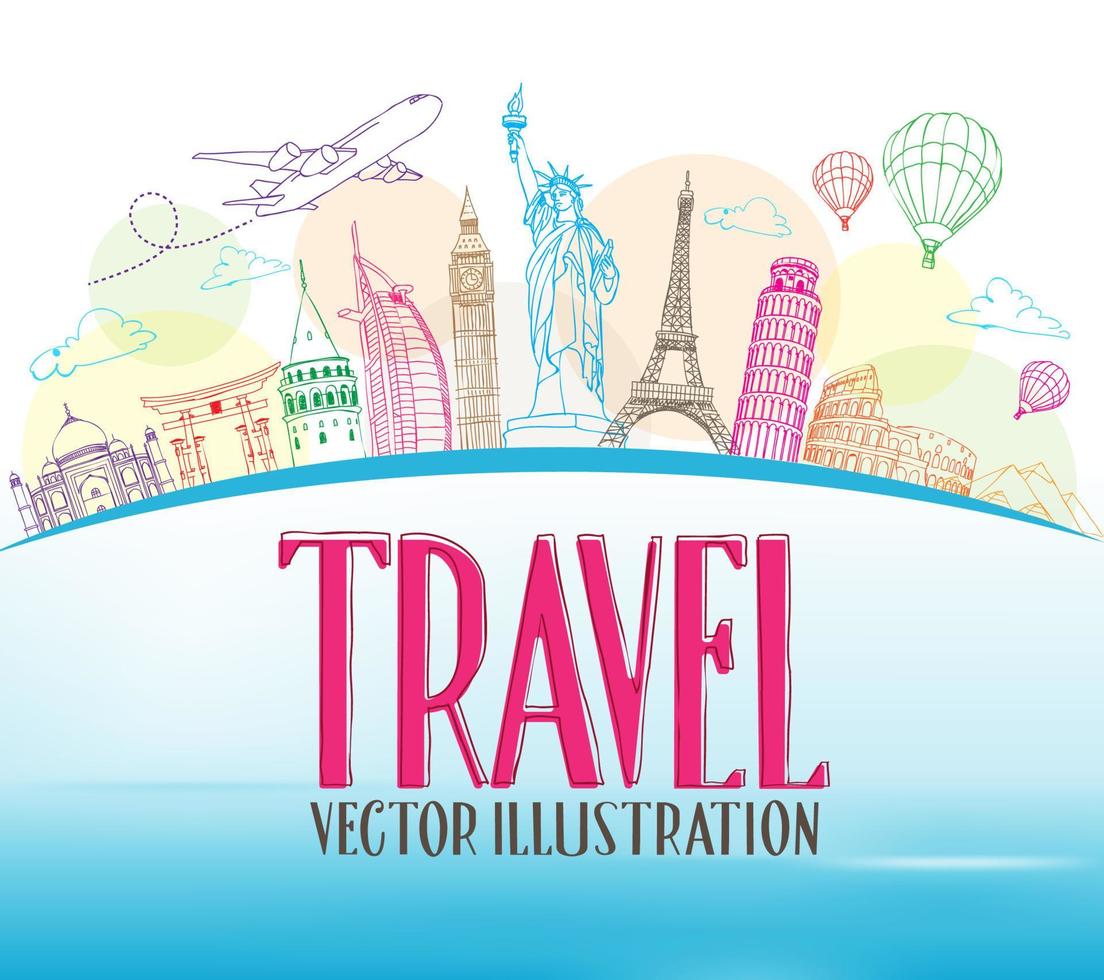 Travel Concept Design Background of Line Drawing of Famous Landmarks Around The World. vector