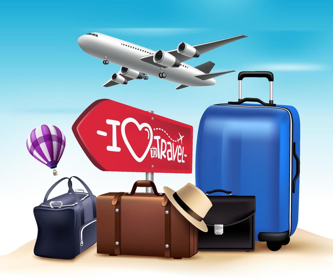 3D Realistic Travel and Tour Design with Set and Collections of Bags and Airplane. vector