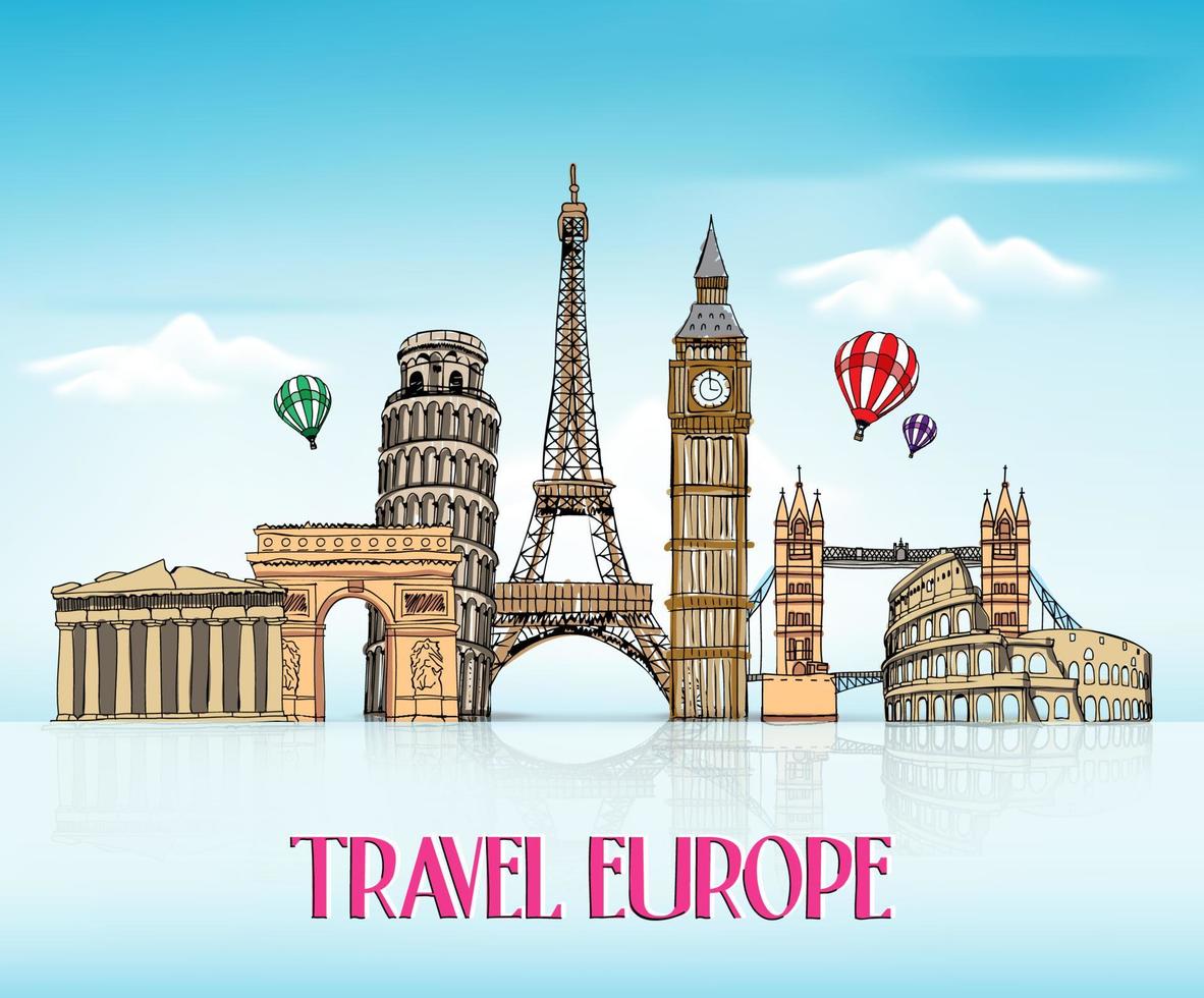 Travel Europe Hand Drawing with Famous Landmarks and Places in Blue Background with Reflection. vector