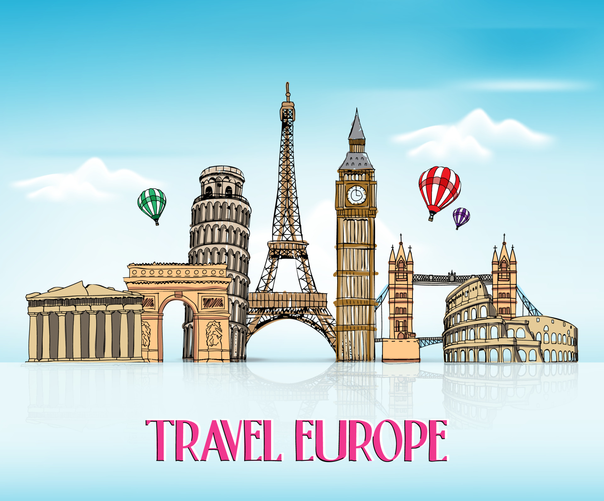 Travel Europe Hand Drawing with Famous Landmarks and Places in Blue