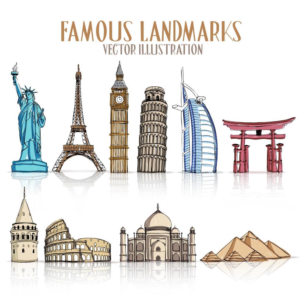 Set of Colorful Drawing of Famous and Popular Landmarks for Traveling Isolated in White Background. vector