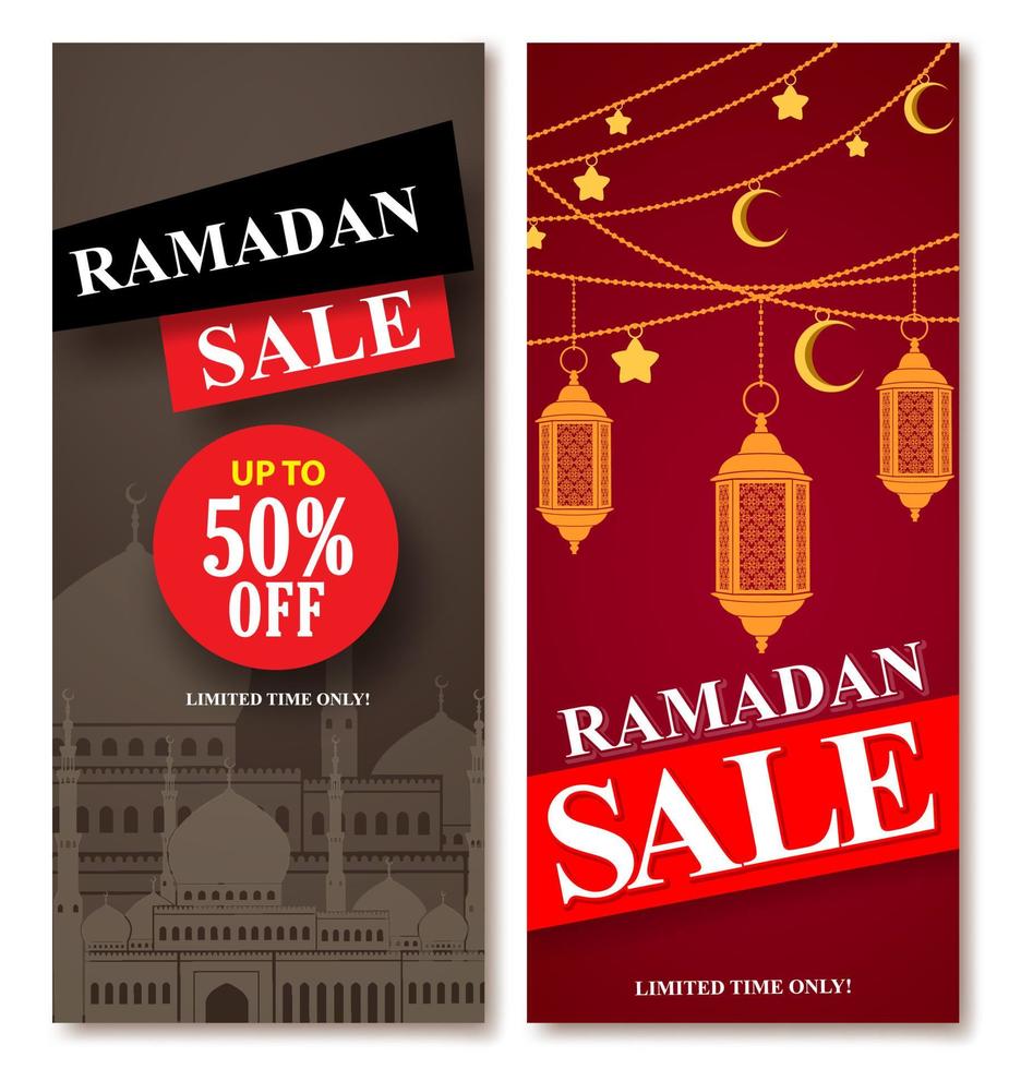 Ramadan sale vector web poster designs set with mosque and lantern elements in background