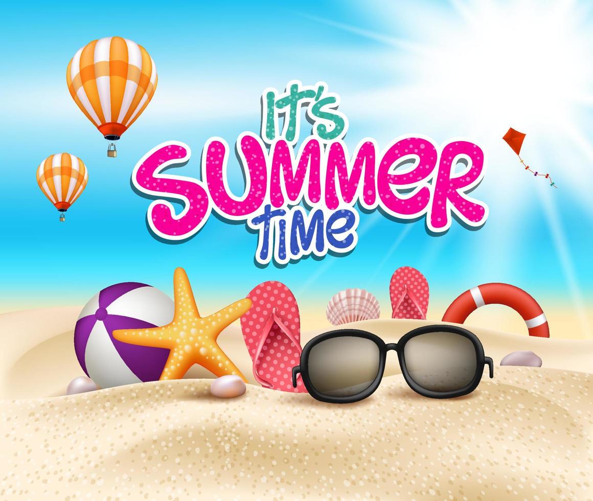 Vector Summer Time in Beach Title in Sea Shore with Realistic Sea Shells and Objects under the Bright Sun.