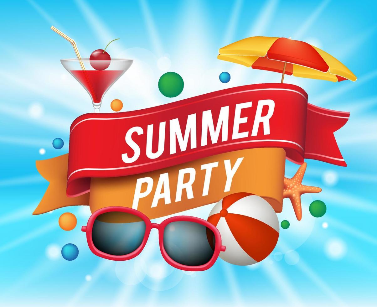 Summer Party Poster with Colorful Elements and a Text in a Ribbon with Blue Background. vector