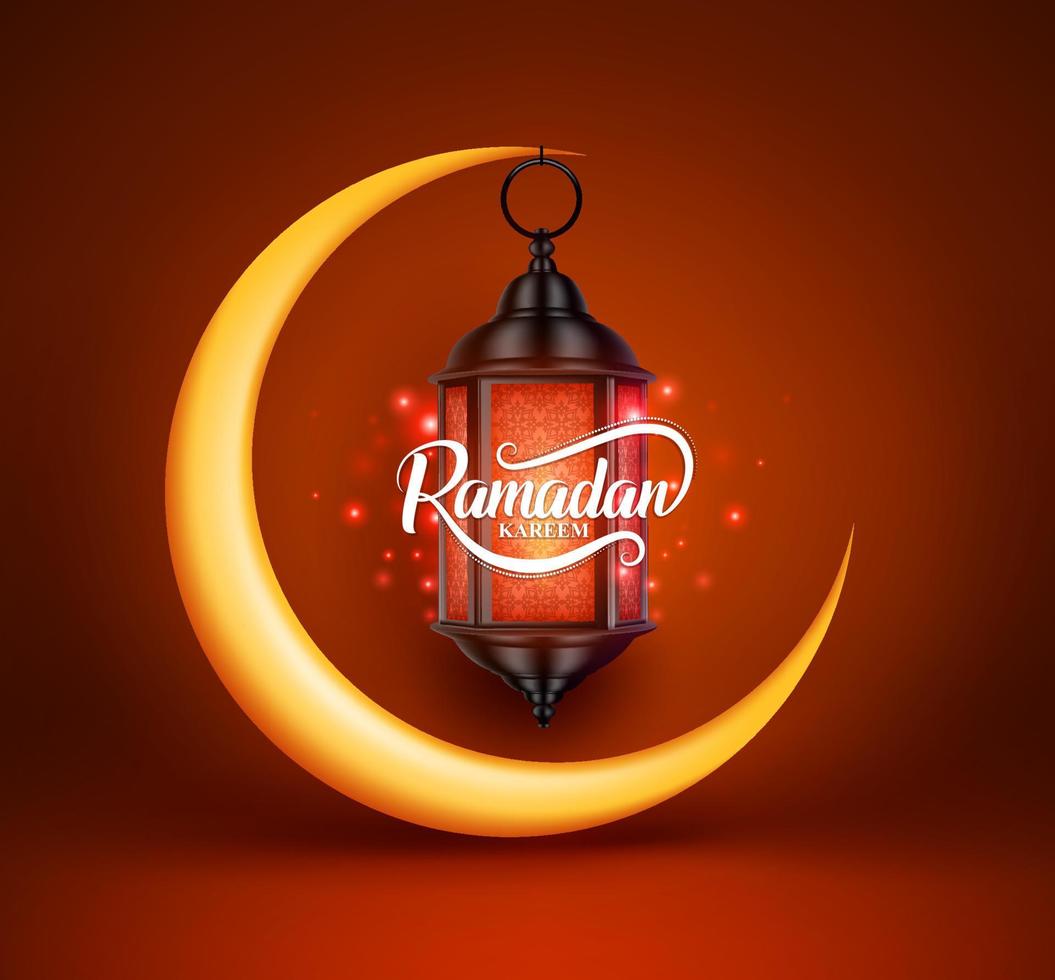 Ramadan kareem vector greetings design with lantern or fanoos hanging in yellow crescent moon in red background.