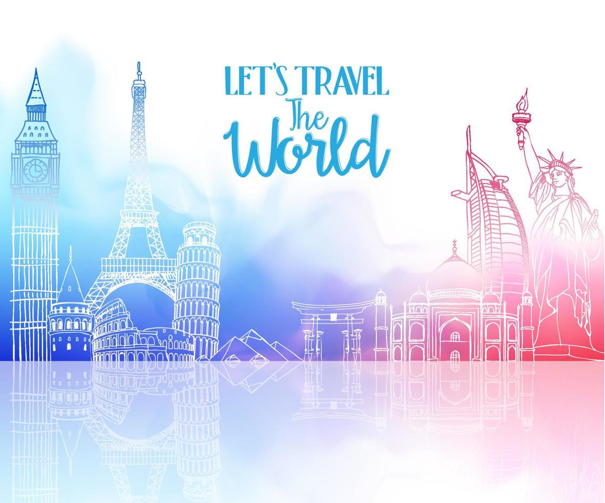 Travel The World Hand Drawing with Famous Landmarks and Places in Colorful Watercolor Background vector