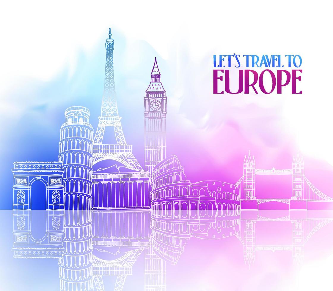 viajar por europa dibujo a mano con lugares y lugares famosos en un colorido fondo de acuarela vector
