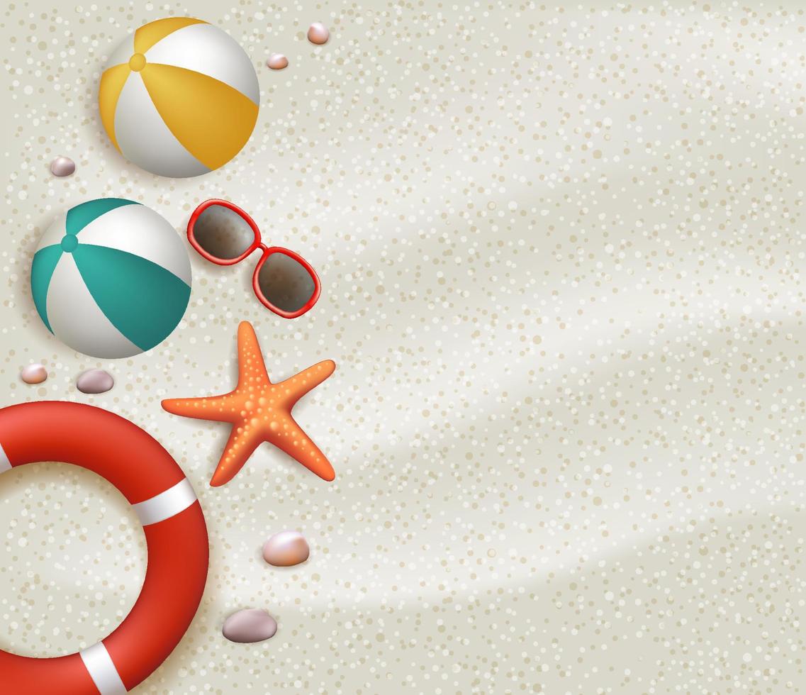 Vector Summer Holidays Background in the White Beach Sand with Ball, Lifebuoy, Sunglasses, Starfish, Stones