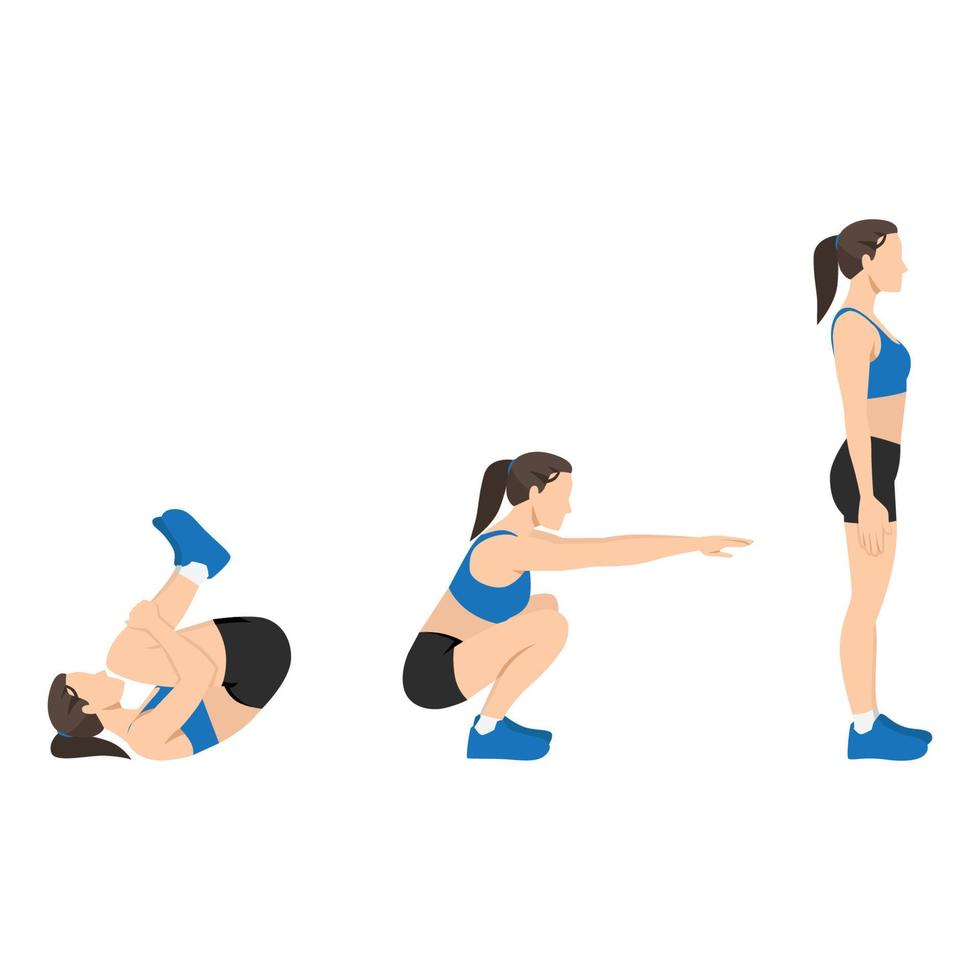 Woman doing rolling squat exercise. vector