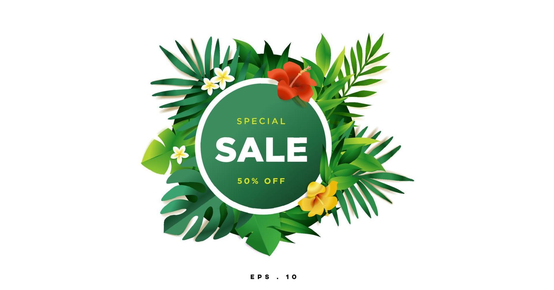 ummer Sale banner with exotic jungle plant, tropical exotic palm leaves on black and white geometric background. Discount design background with jungle palm Leaves. Nature wallpaper vector