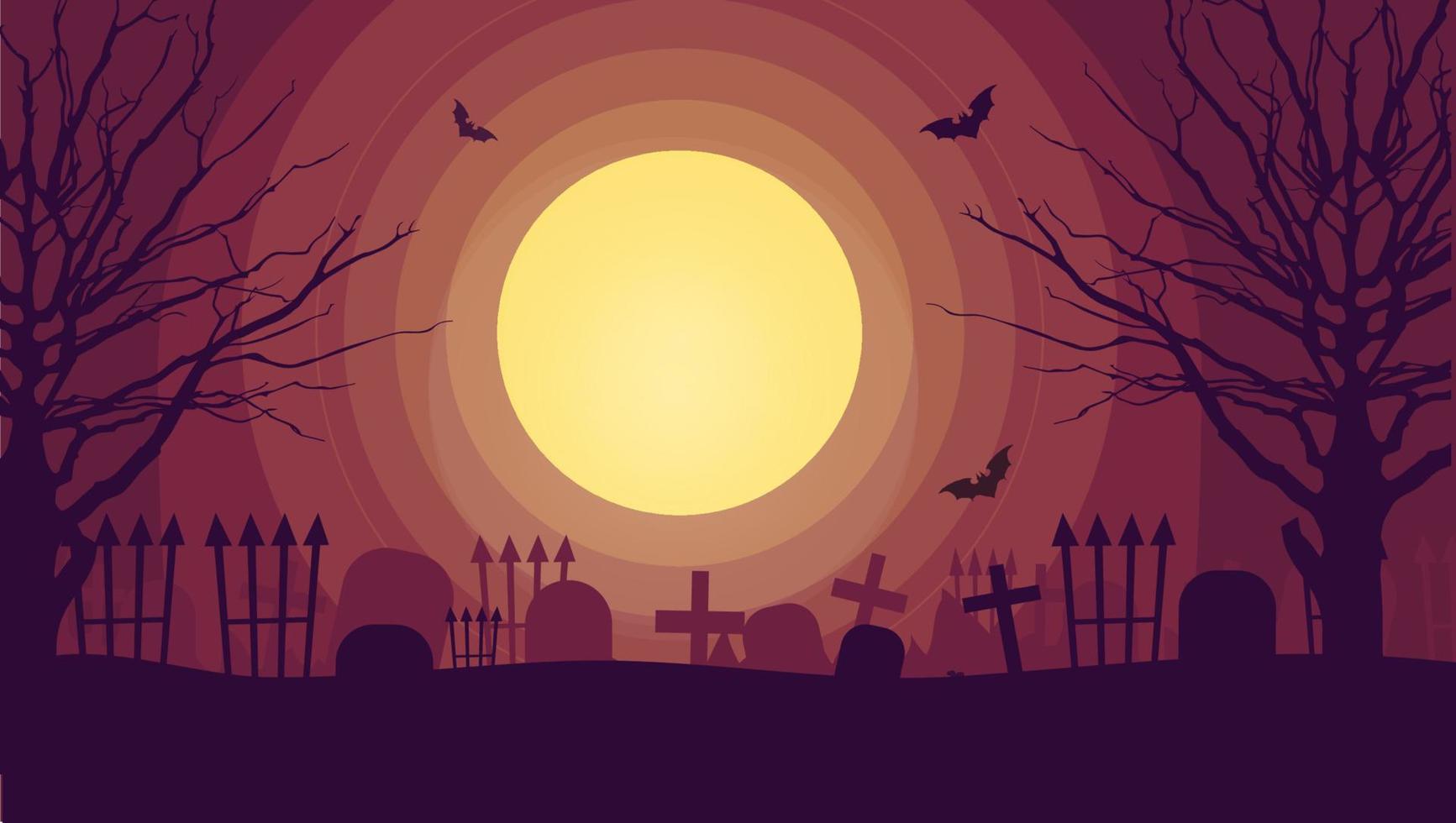 Fondo de vector de banner plano de fiesta de halloween feliz. diseño de tarjeta de invitación de evento de vacaciones de octubre. Fondo de dibujos animados aterrador y espeluznante con luna y cementerio. cartel horizontal de helloween